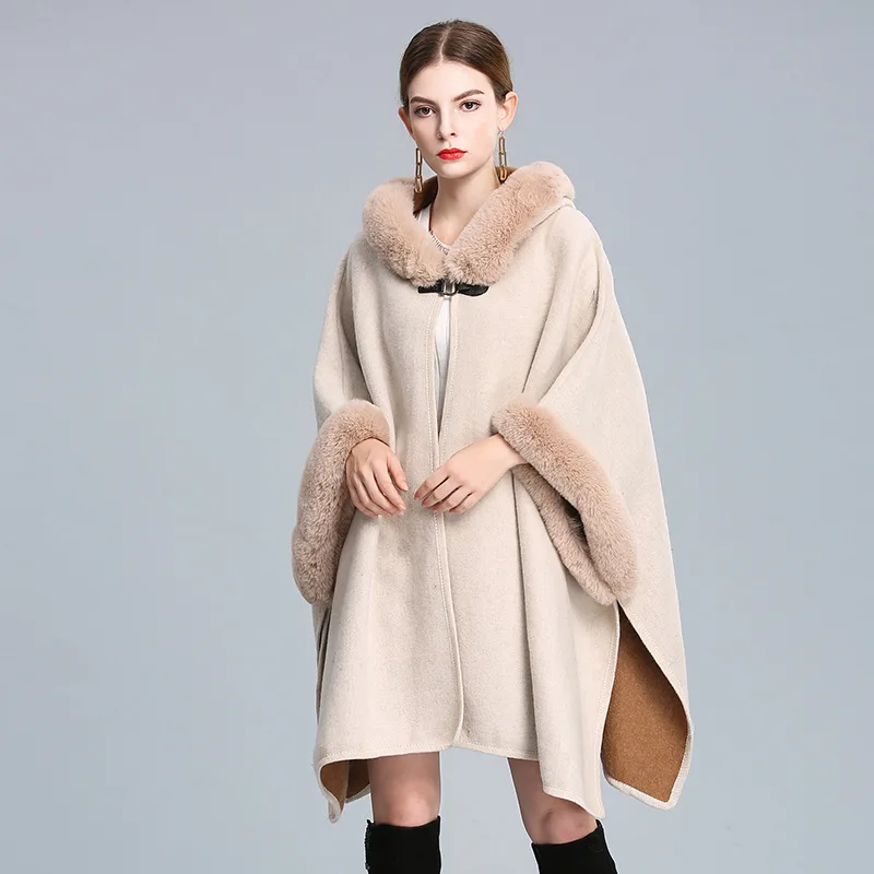 

Wool Blends Overcoat Cape Faux Rex Rabbit Fur Coat Hooded Long Women Winter Batsleeves Cloak Loose Cardigan Fall Wraps