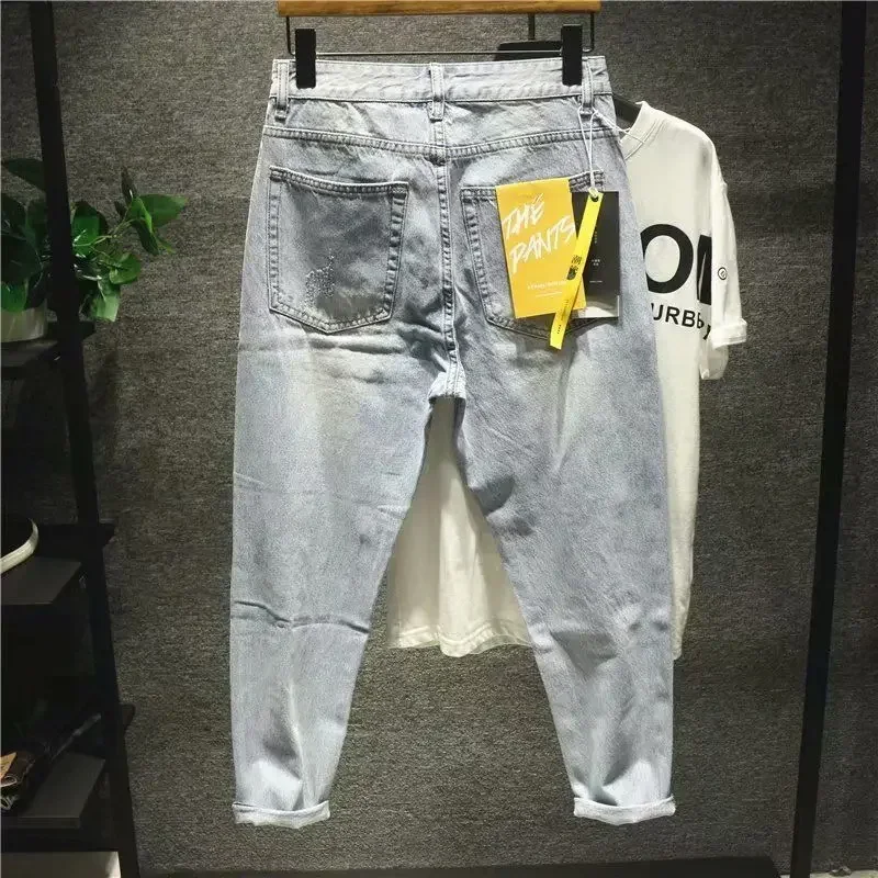 Men's Jeans with Holes Cowboy Pants Cropped Harem Hip Hop Trousers Torn Ripped Broken Retro Classic Trend Korean Style men jeans,ripped jeans,ripped patchwork jeans