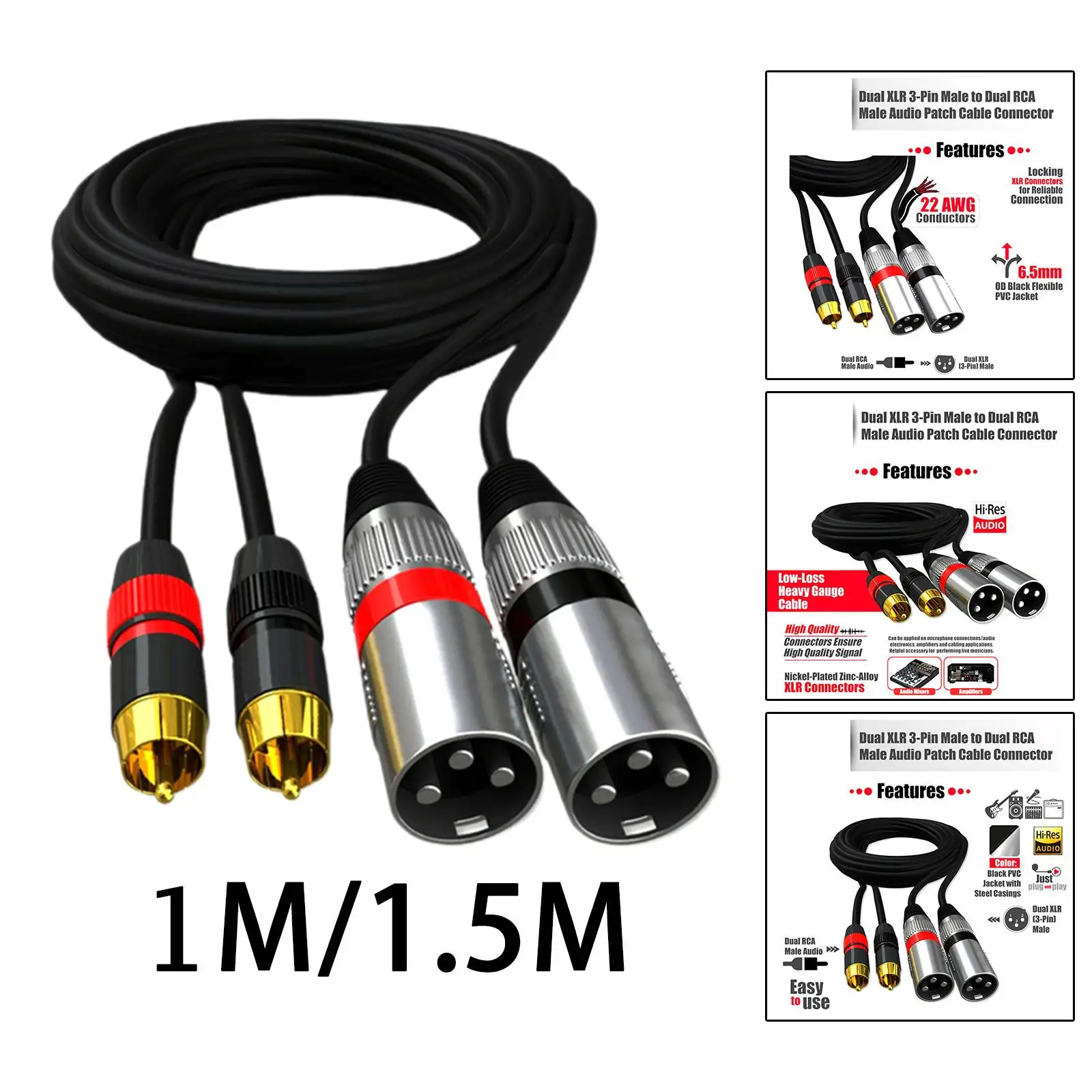 Dual RCA Male to Dual XLR Male Cable 2 RCA to 2 XLR for Speaker