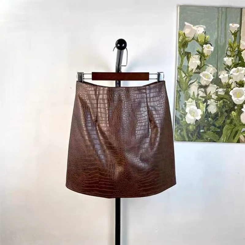 Crocodile Pattern Pu Leather Skirts Women Korean High Waist Tie Dye Mini Skirts Y2K Vintage Streetwear All Match A Line Skirts