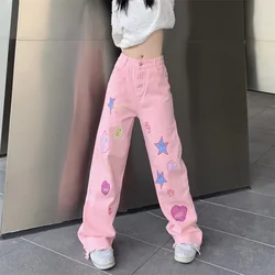 Japan Styles Pink Cartoon Jeans for Women High Waist Wide-leg Fashion Match Pants Spring and Summer Version Women's Trousers