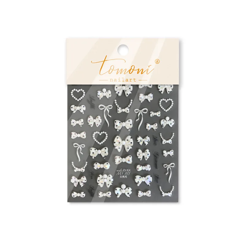 Shell Light Nail Stickers - White Bow Ribbon 3D Nail Charms, Self-Adhesive DIY Decorations