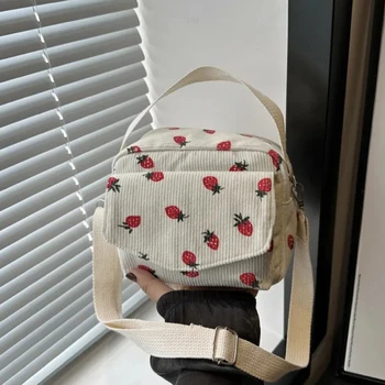 Cute Strawberry Printing Women’s Shoulder Bag Large Capacity Corduroy Hobos Crossbody Bag Female Shopping Work Date Party Bags
