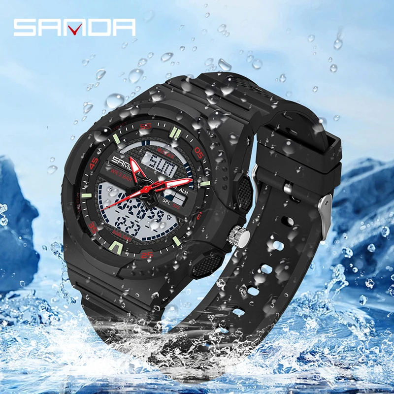 New Top Hot Selling Men's Watch Fashion Trend Casual Men's and Women's Waterproof Dual Display Alarm Clock Wristwatch SANDA 9030