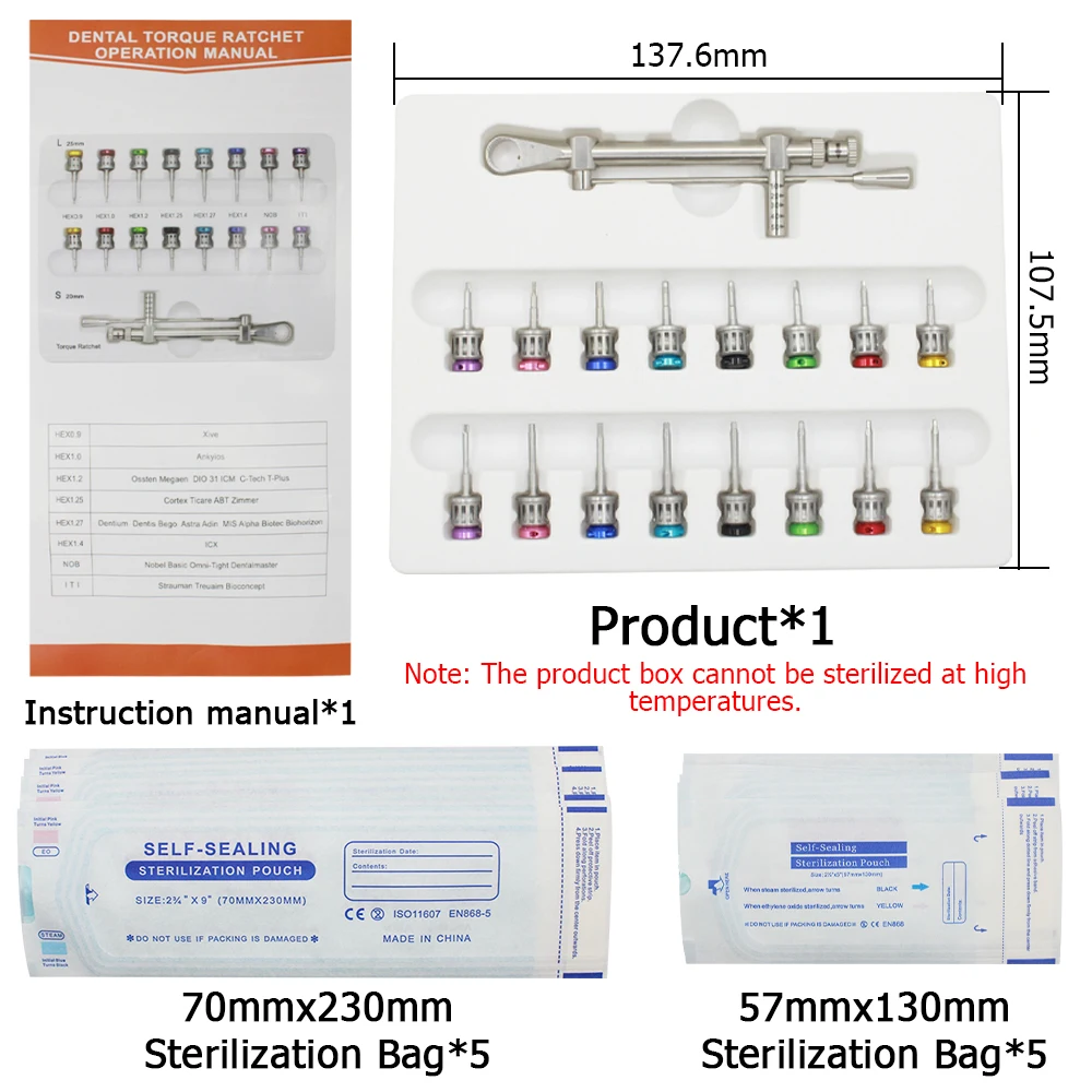 1Box AG Dental Implant Screwdriver Torque Wrench with Self-Sealing Sterilization Bag with 16Pcs Screw Driver Restoration Tools