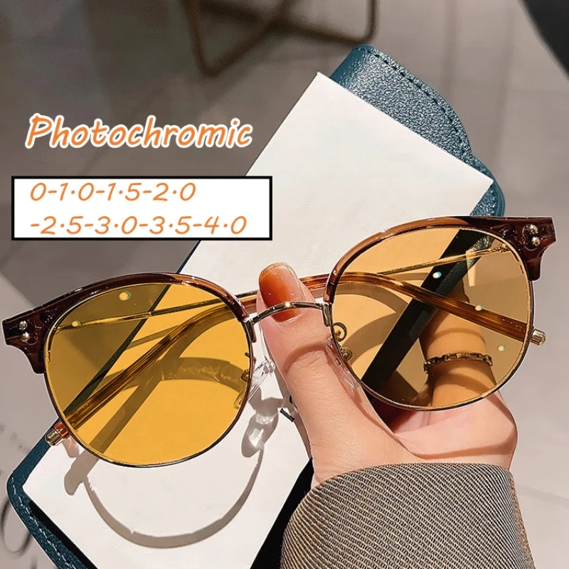 

Trendy Round Frame Photochromic Glasses Luxury Vintage Finished Myopia Eyeglasses Men Women Color Changing Sunglasses Shades