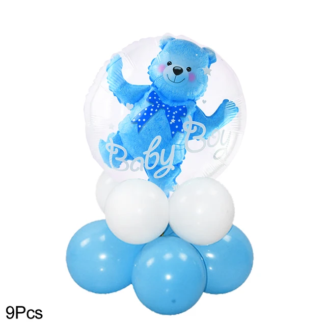 4D Transparent Baby Shower Boy Girl Bear Bubble Ball Kids 1st Birthday Party Blue Pink Helium Balloon Gender Reveal Decoration 9pcs boy set