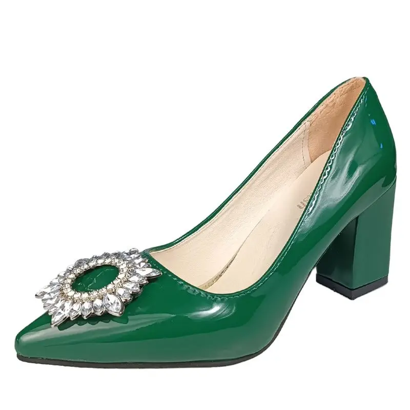 

Роскошные туфли-лодочки с пряжкой и кристаллами солнца, женская обувь на массивном высоком каблуке, темно-зеленые лакированные кожаные туфли для девушек и студентов, искусственная кожа 31-50
