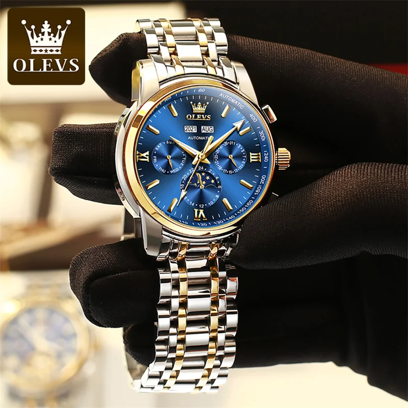 OLEVS Top Brand Luxury  Luminous Date Moon Phases Men's Watches Mechanical Watch Men Waterproof Sport Automatic Wristwatch Reloj