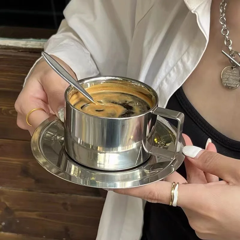 Korean Style Niche Coffee Cup and Saucer Set Retro Stainless Steel Coffee Cup Small Posing Vlog Afternoon Tea stainless steel cup coffee cup stainless steel cups coffee stirring cup stainless steel mug