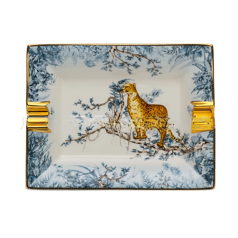 Cigar Ashtray Guochao Snow Leopard Double Smoke Groove Ceramic Gilt Cigar Cigarette Tank