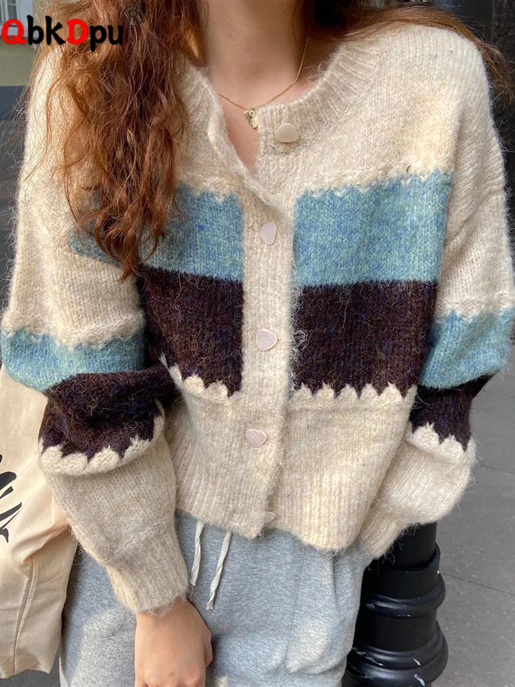 

Korean Knitted Cardigan Coat Winter New Patchwork Striped Women Sweater Jackets Round Collar Warm Soft Baggy Tricots Kardigan