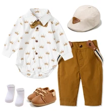 Boutique Baby Boy Clothes Suit 2022 Cotton Infant Fashion Crown Romper with Bow Hat Shoes Outfit Newborn Birthday Party Gift