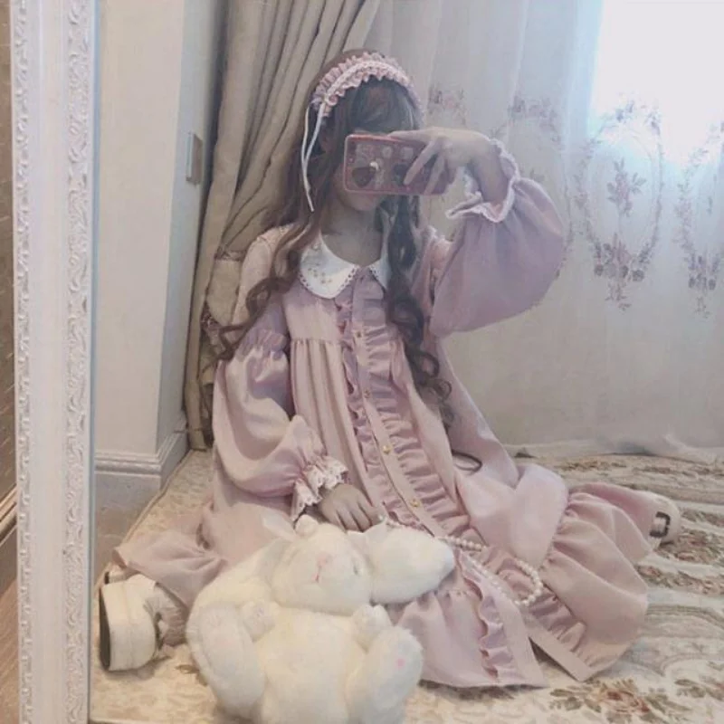 Cute Summer Dress Women Harajuku Pink Ladies Ruffle Lace Patch Kawaii Dresses Lolita Cosplay Sweet Loose