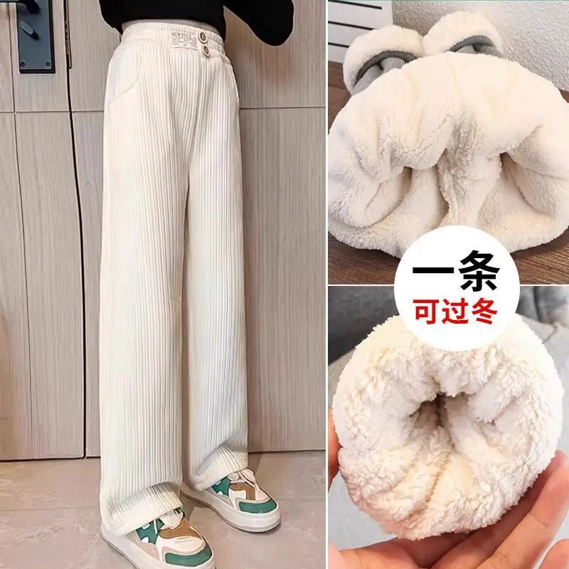 카와이 캐주얼 롱 팬츠 패션 아동복 여아용 플리스 안감 스트레이트 레그 와이드 레그 팬츠 아동용 두꺼운 귀여운