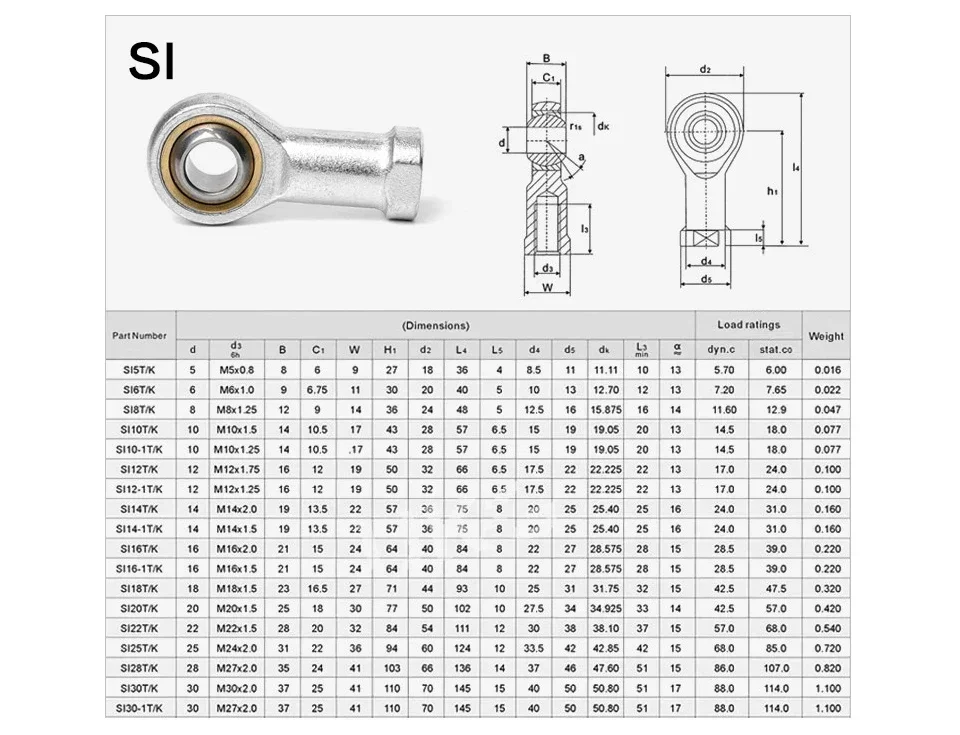 rod end joint bearing SI SIL5 6 8 12 14 16 18 20 22 25 28 30TK，SA SAL5 6 8 12 14 16 18 20 22 25 28 30TK metric male left