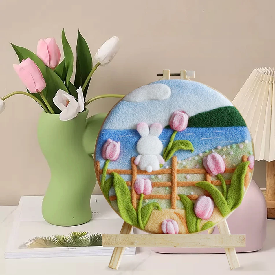 DIY Wool Needle Felt Painting Kit 20x20cm With Frame For Home Decors