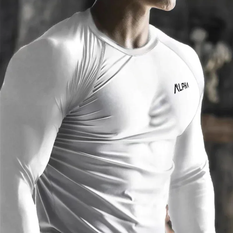 thumbnail image 1 of Camisetas ajustadas de cuello redondo para correr para hombre, ropa ajustada para hombre, gimnasio, elasticidad negra, manga larga, citas normales, Y2k, talla XXL, 1 of 5