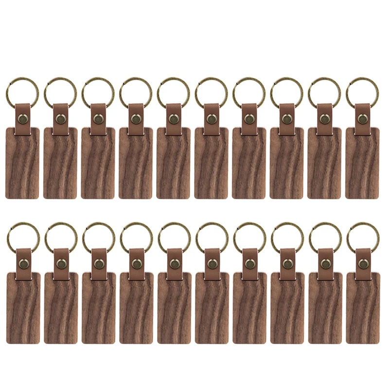 30Pcs Wood Blank Keychains with Leather Strap Walnut Keychains Blank Wood Keyrings DIY Key Tags