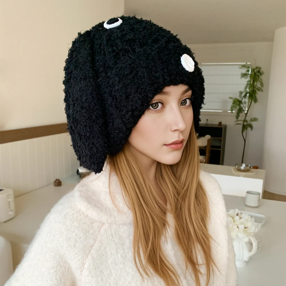 Hot Sale Women Cute Long Ear Plush Fur Warm Winter Hat Trendy Knitted Hat With Earflap Girls Lovely Fashion Hat Dandy Cap