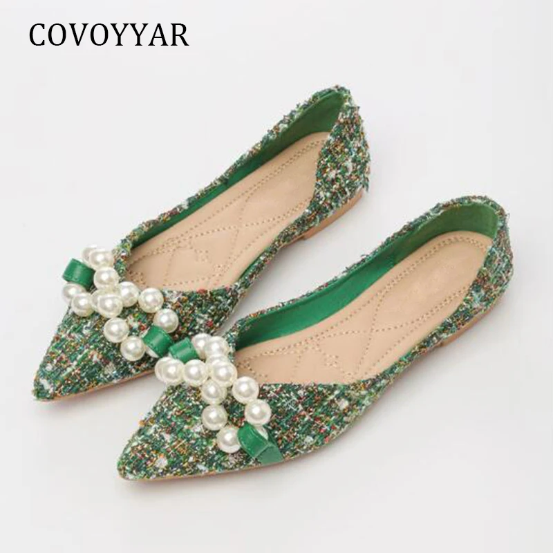 Covoyyar Pointed Toe Women Flat Shoes 2022 Pearl Slip On Loafers Spring