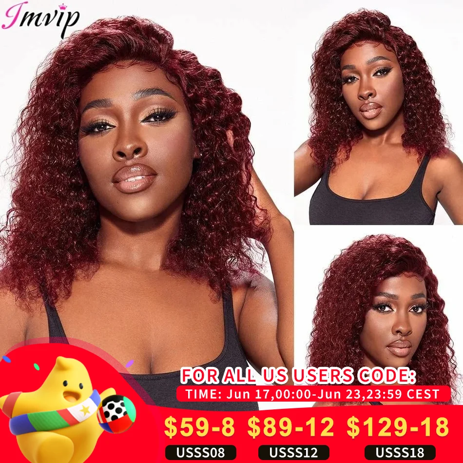 

IAMVIP 13×4 HD Lace Front Wig for Black Women Bob Wave Curly Remy Human Hair 99J Burgundy Color Frontal Glueless Pre Plucked