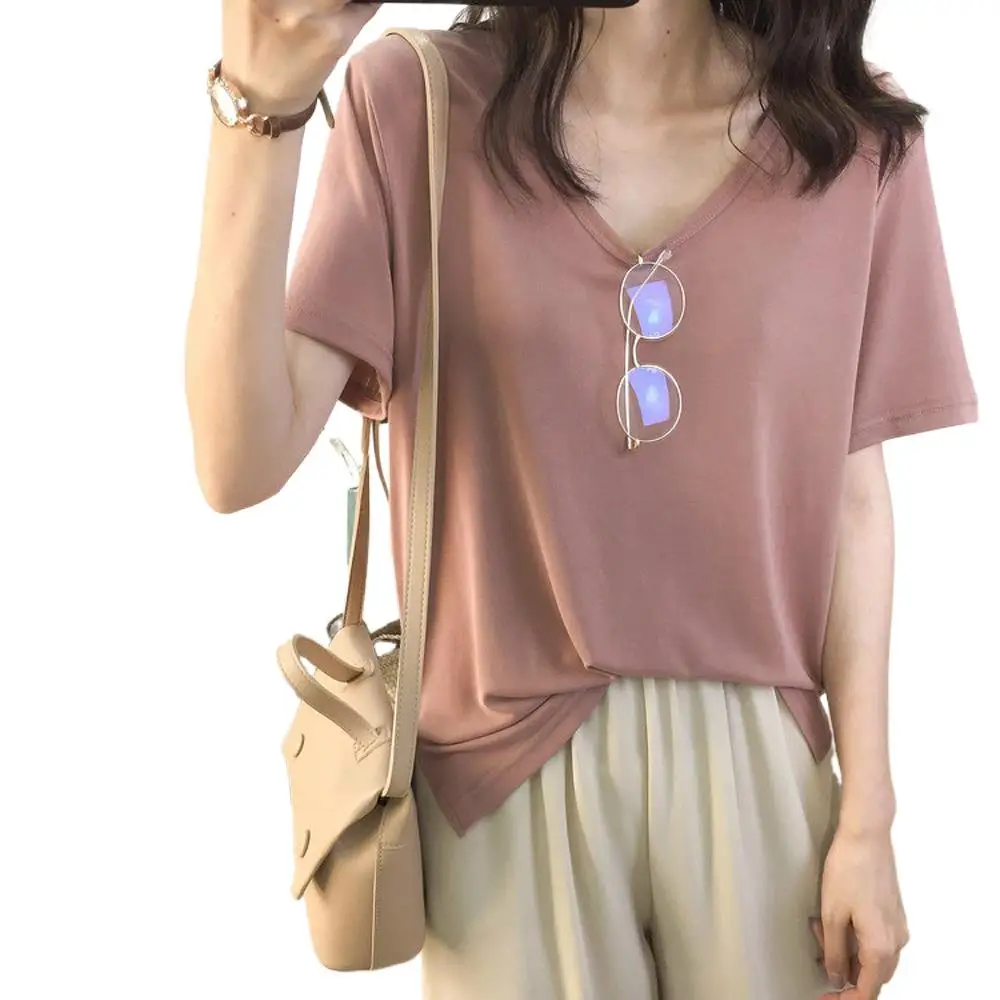 Women Loose Fit V Neck Short Sleeve Solid Color T Shirt