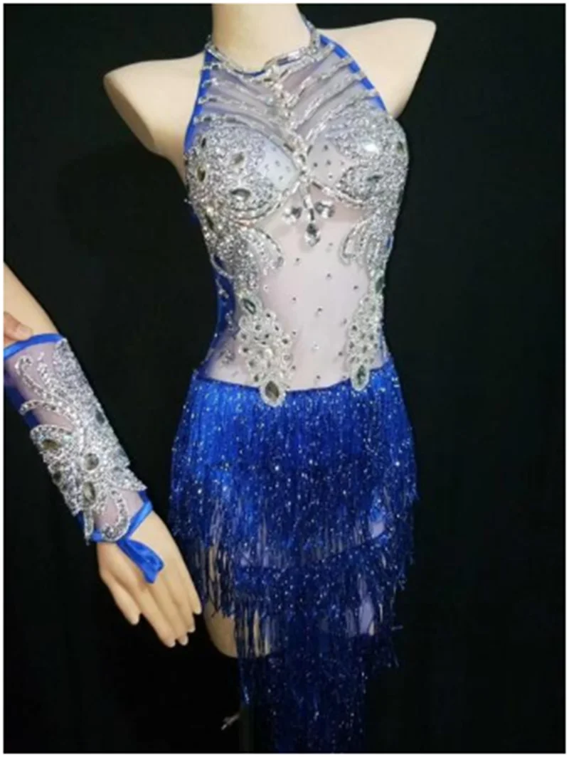 

Silver Rhinestones Blue Fringes Dress Female Singer Dancer Stage Performance Crystals Outfit Women Birthday Bar Nightclub Wear