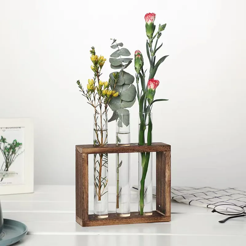 Simple Nordic Test Tube Glass Vase Decoration Creative Wooden Frame Hydroponic Plant Container Home Decoration 4