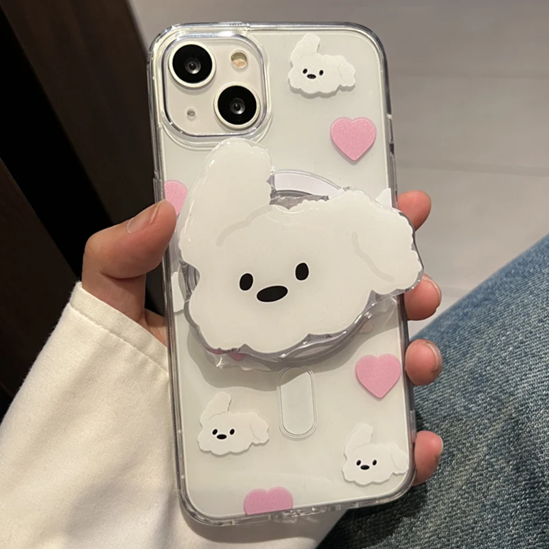 한국 귀여운 베이지 강아지 마그네틱 홀더 그립 Tok Griptok 전화 스탠드 홀더 지원 iPhone 15 14 13 Pad Magsafe Smart Tok