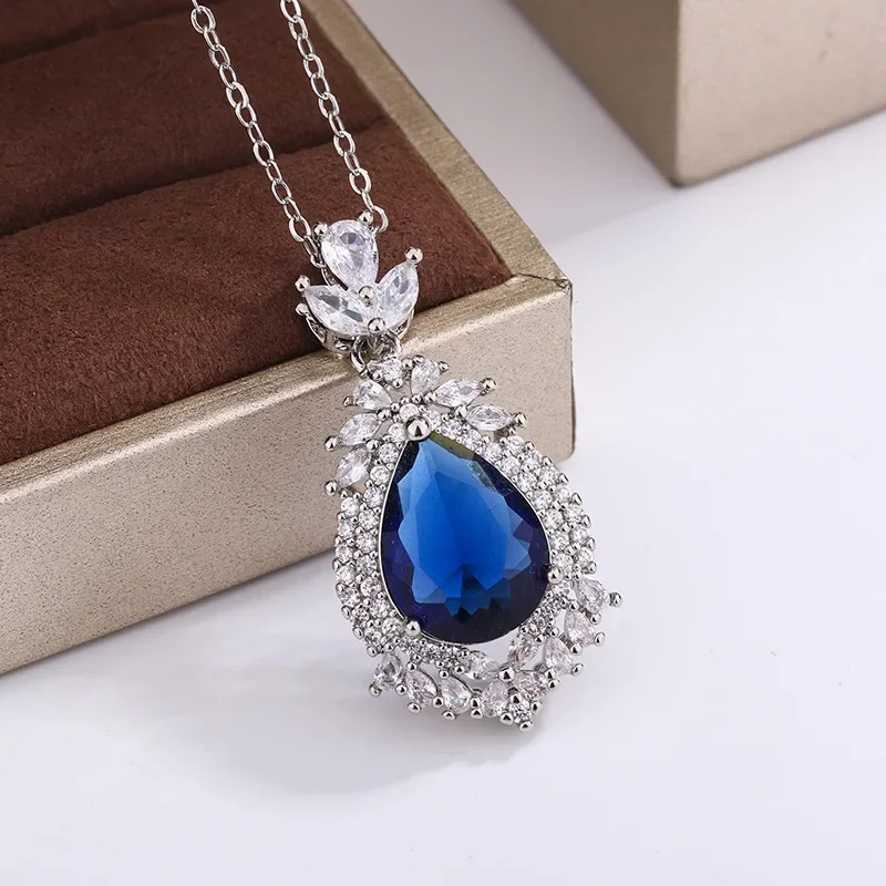 Silver Necklace Exquisite 925 Silver Plated Necklace For Women Elegant Colorful Water Drop Shaped Zircon Pendant Fashion Party Jewelry Gift