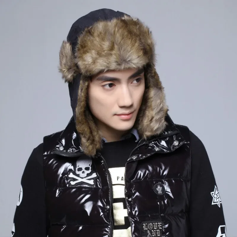 Plush Men's Winter Trapper Aviator Trooper Earflap Warm Windproof Ski Hat Bomber Cap Russian Thicken Ear Protecter Thermal Hats