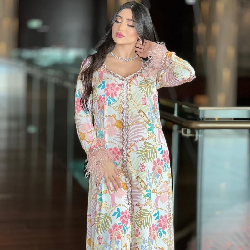 Islam Abaya Dress Fashion Print Hot Diamond Abayas for Women Ostrich Hair Patchwork Loose Women's Dress for Middle East Dubai