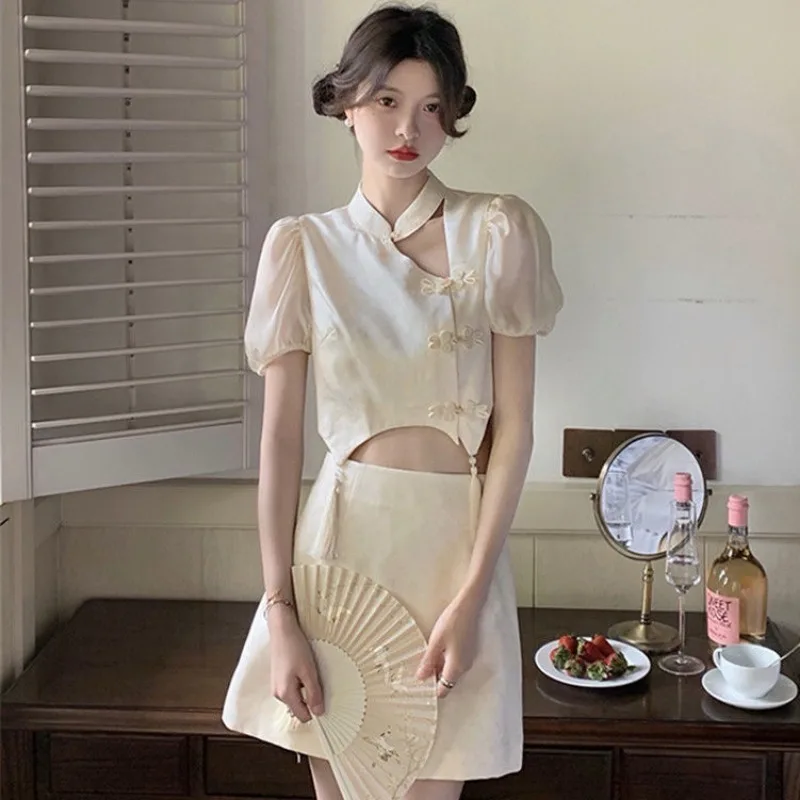 

French Shirt Women's Summer Cheongsam Chi-pao Chinese Style Temperament Short Top Qipao Set Skirt Hollow Out Women's Clothing
