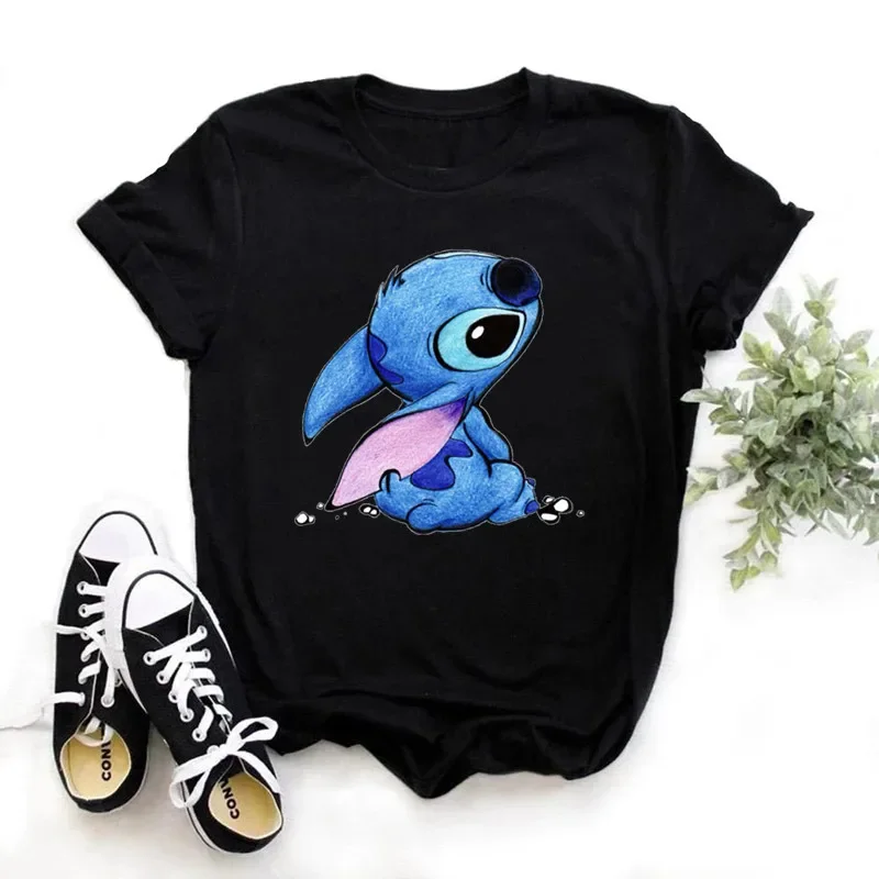 thumbnail image 1 of Camisetas de algodón para niños con dibujos animados de Lilo y Stitch de Disney, camisetas de verano, camisetas negras con cuello redondo y Stitch Ohana, camisetas para bebés, ropa para niños y niñas, 1 of 5
