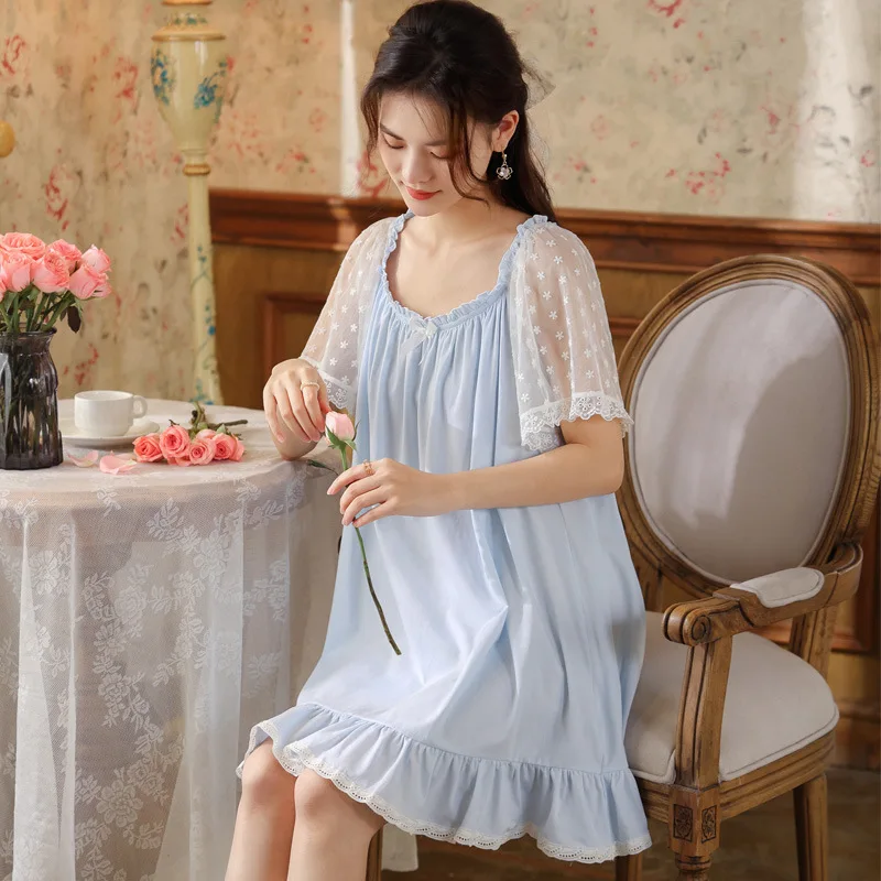 Sweet Cotton Night Dress Women Summer Sexy Lace Short Sleeve Nighty Princess Sleepwear Vintage - AliExpress