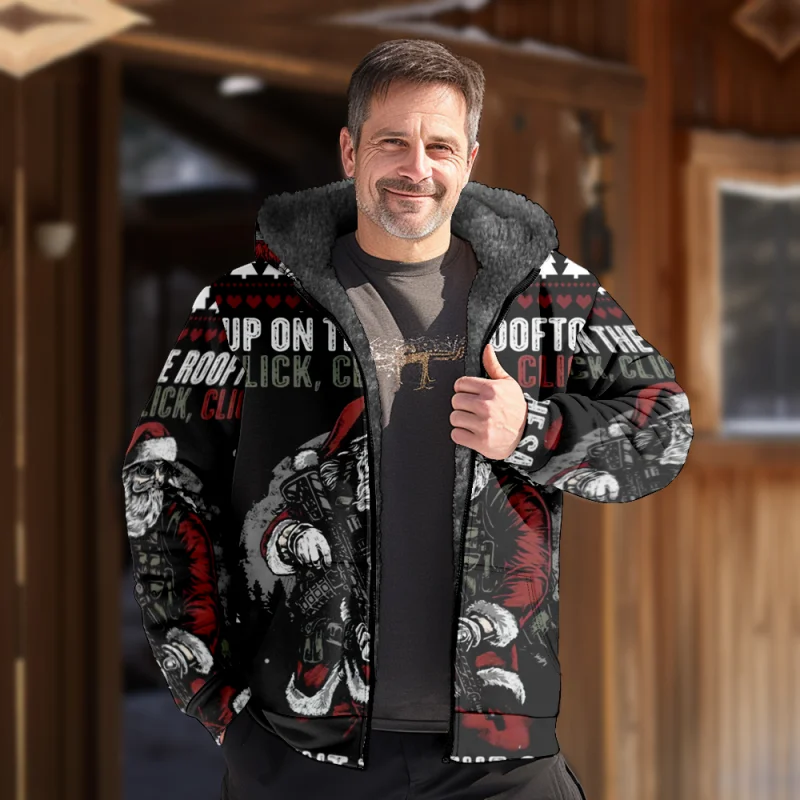 Christmas Cotton Coat Hooded Sweater Casual Print Men's Fur Loop Arctic Velvet Zipper Patch Pocket Hooded Sweater a06
