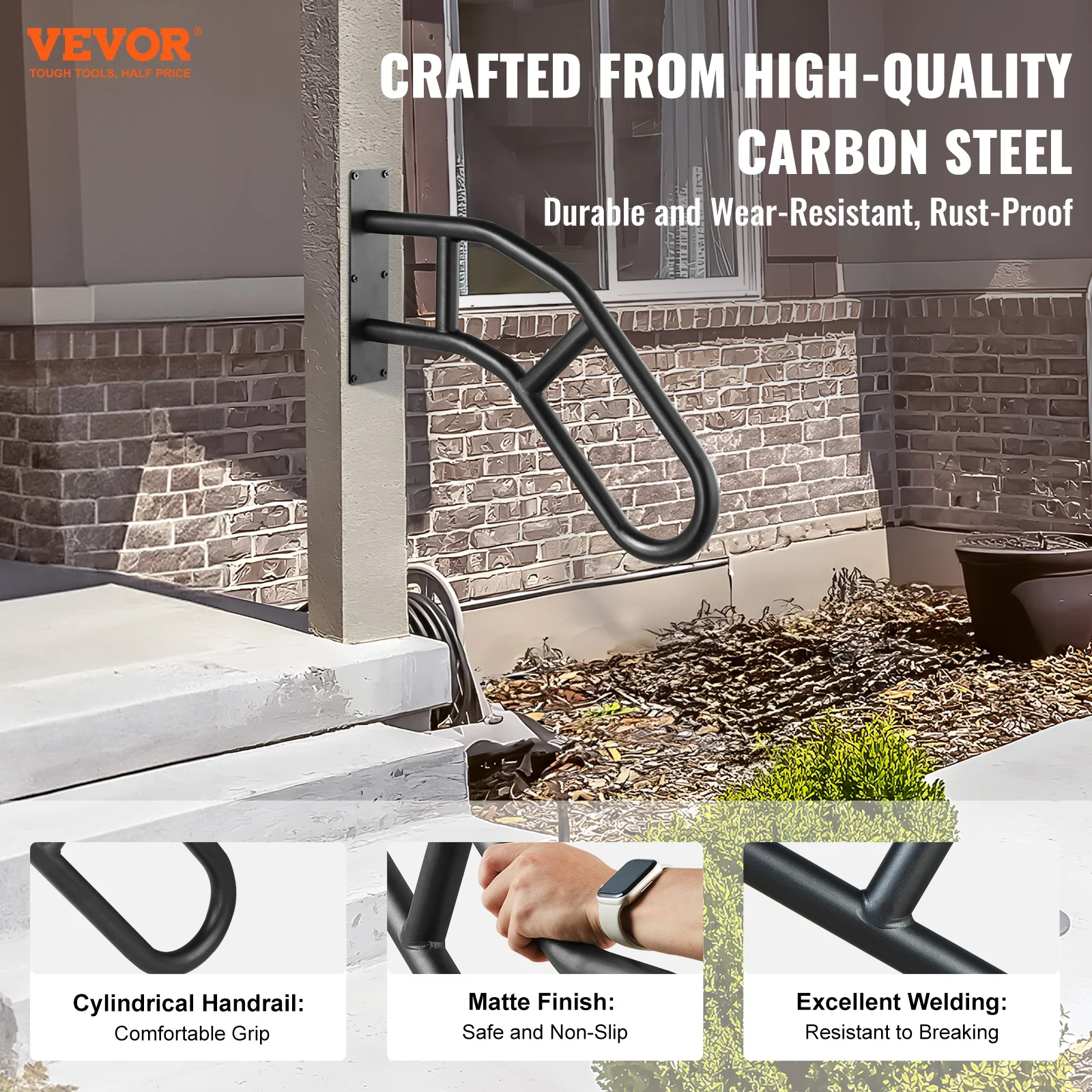 Outdoor Handrails VEVOR Handrails for Outdoor Steps Wall Mount Safety Railings U-Shaped Handrail with Matte Black Finished Stair Handrails Metal