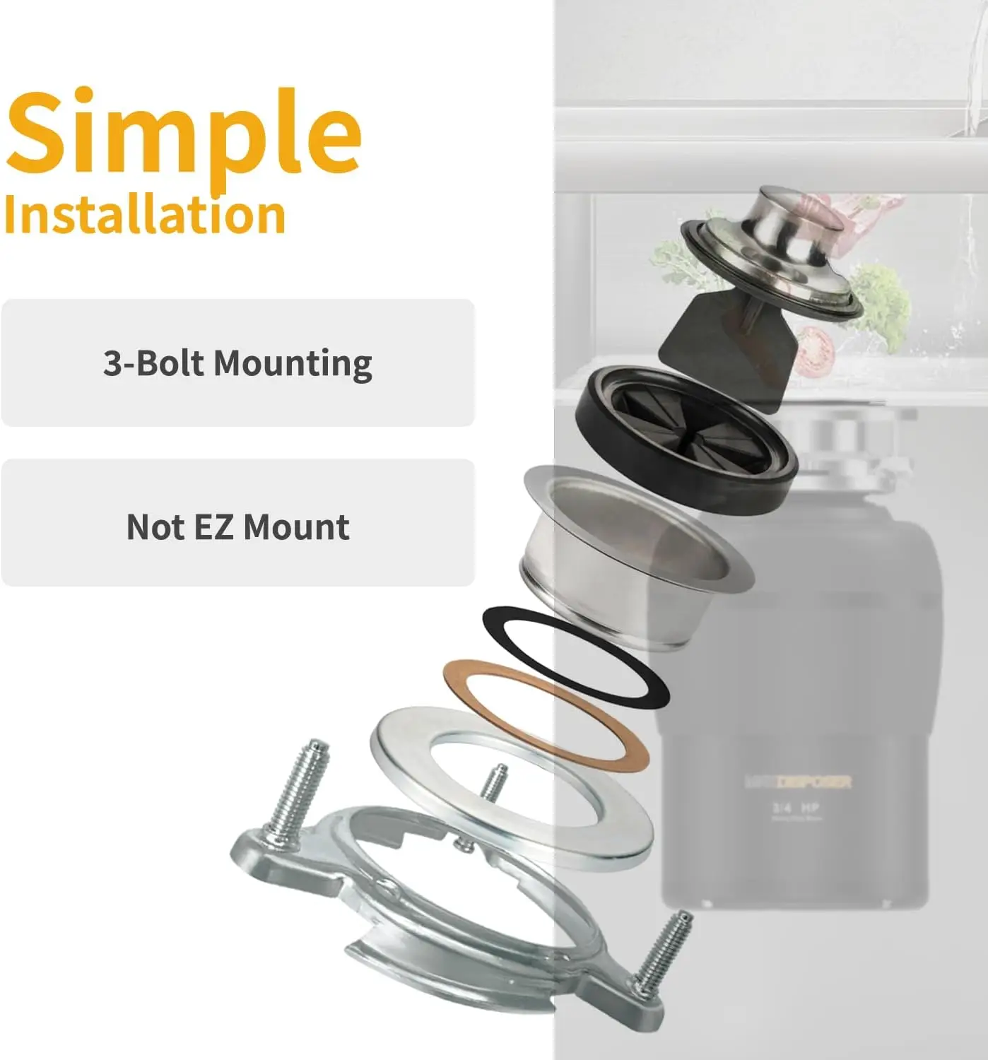 Disposal 3/4 HP for Kitchen sink Quiet with Stopper Power Cord, Easy install, Continuous Feed Food Waste Disposer 5