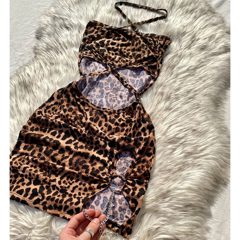 Elegant And Fashionable Women's Sexy Leopard Print Mini Dress Strapless Sleeveless Hollow Bag Hip Sexy Summer Holiday Dress 1