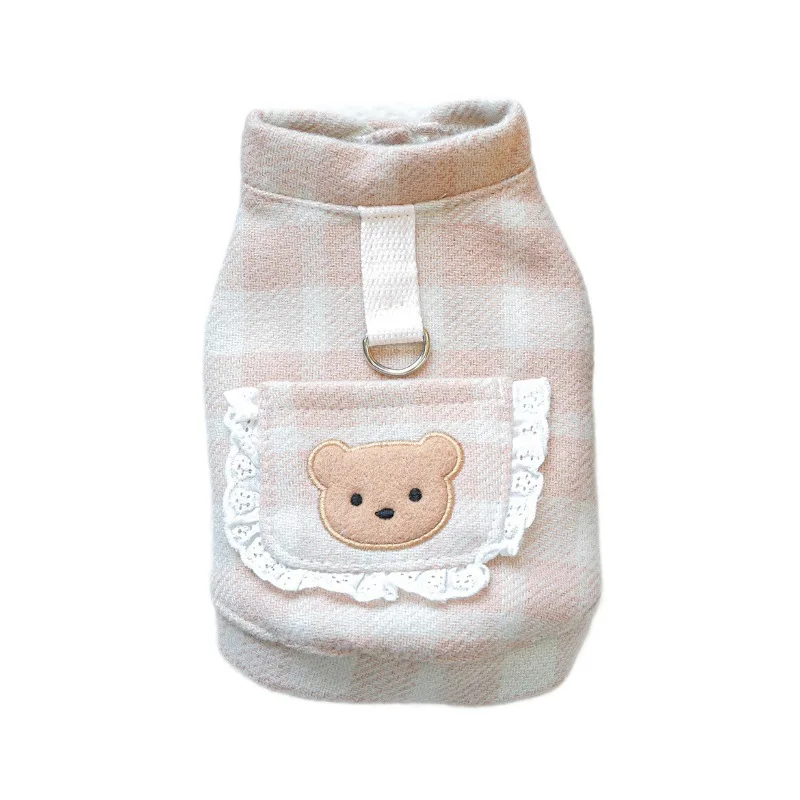 Pet clothes, puppy dog cat cat clothing, warm in autumn and winter, cute checkered pink bear couple clothing