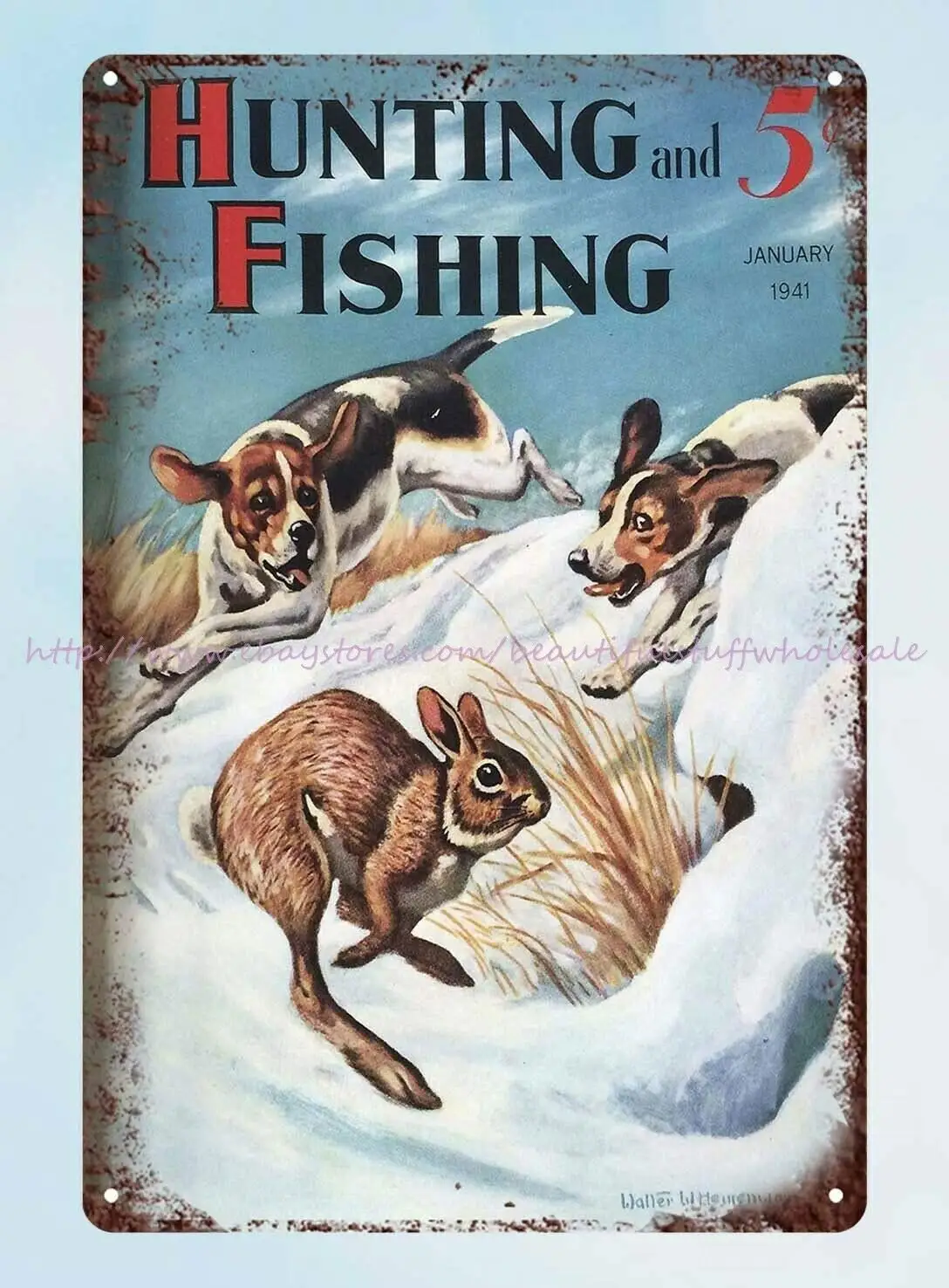 A Casa Decor Rabbit Fishing Hunting 1941 Old Magazine Beagle Metal Tin Sign Retro Wall Home Bar Pub Vintage Cafe Decor, 8X12 In