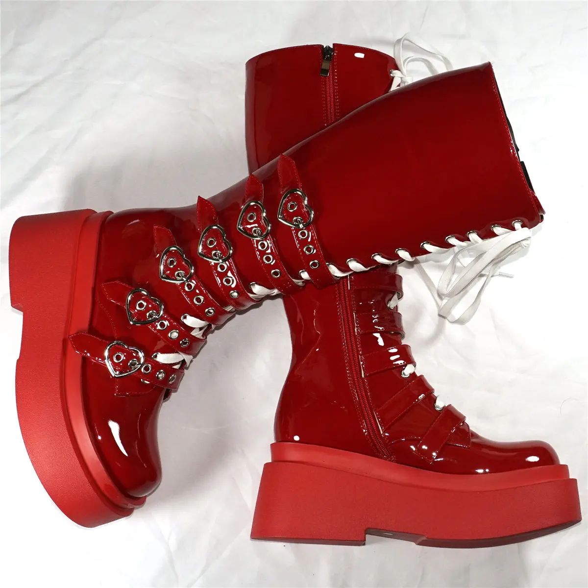 

Red Winter Pumps Shoes Women Lace Up Patent Leather Wedges Knee High Snow Boots Female Round Toe Fashion Sneakers Casual Shoes