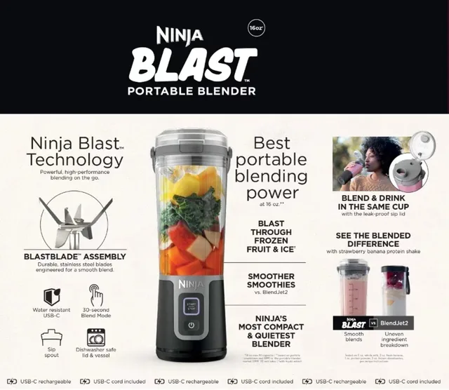 Ninja Blast 16 oz. Personal Portable Blender with Leak Proof Lid and Easy  Sip Spout, Perfect for Smoothies, Denim Blue, BC100NV 