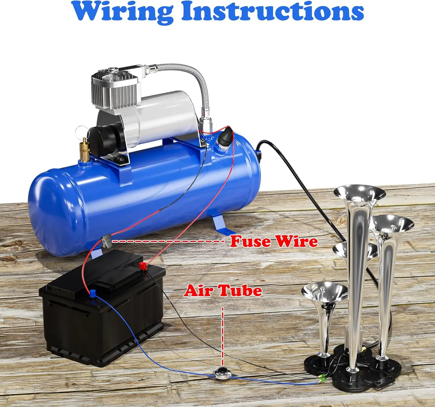 4 Trumpet Loud Train Horns Kit for 150 PSI 12V Air Compressor 1.59 Gallon for Trucks, Cars, Van Boats