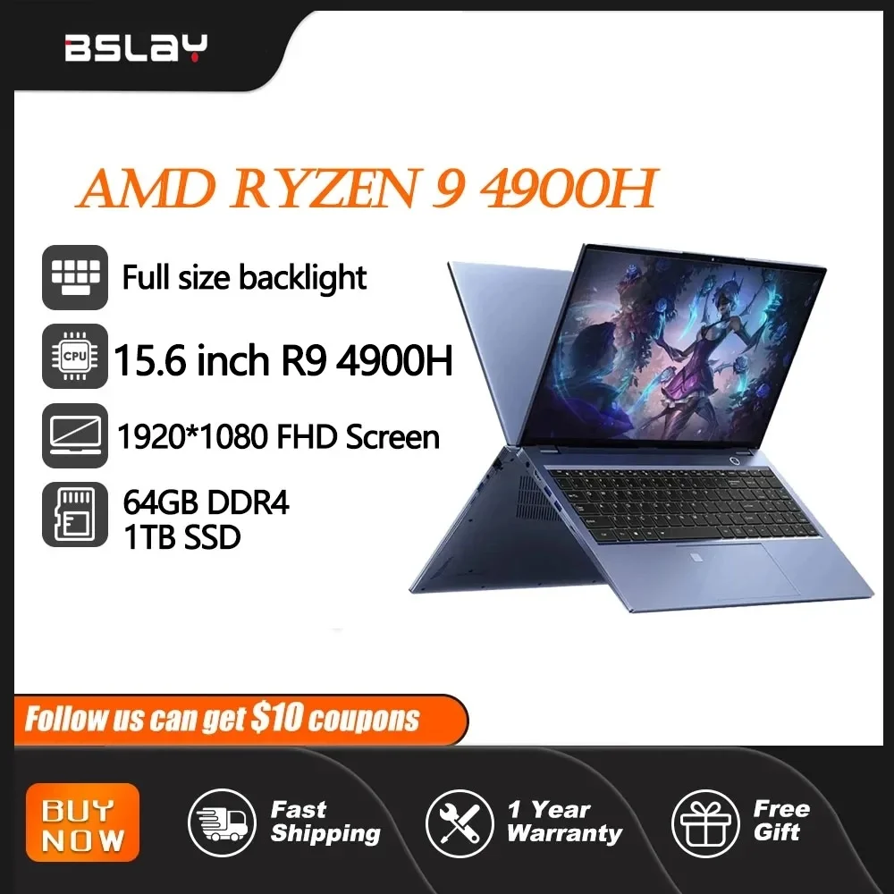 

2024 New Gaming Laptop 15.6 Inch 32G+2T SSD AMD R9 4900H Windows 11 Six Core All Metal Computer Type-C Notebook Gamer Notebook