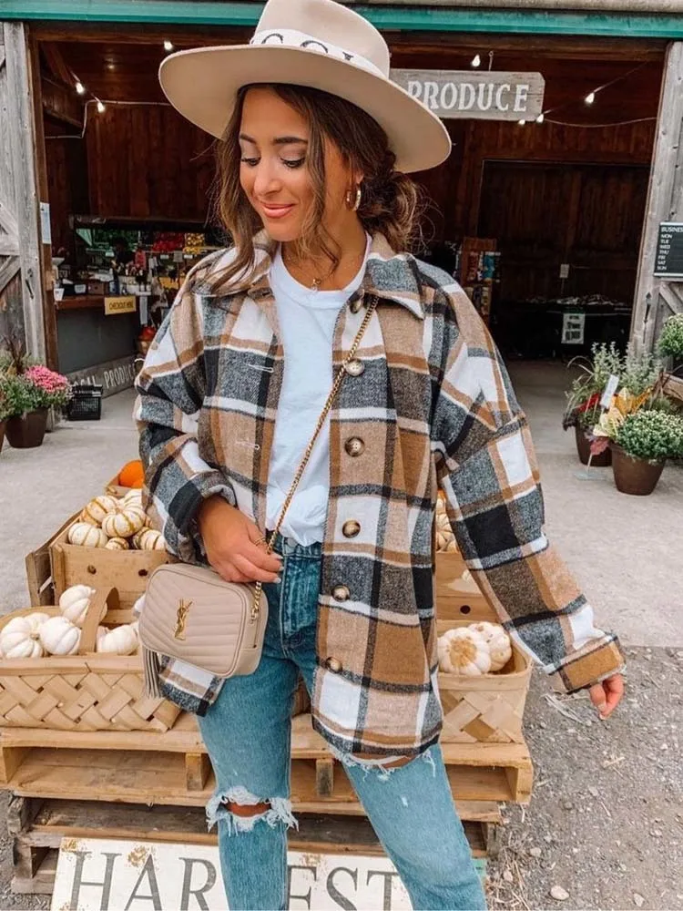 

Autumn Winter Women's Long Sleeve Lapel Loose Plaid Medium Length Warm Shirt Coat