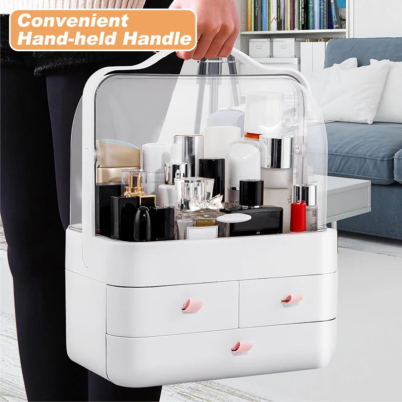 Large Capacity White/Pink Cosmetic Organizer with Transparent Drawers, Elegant Plastic Jewelry Storage Box for Desktop Vanity 3