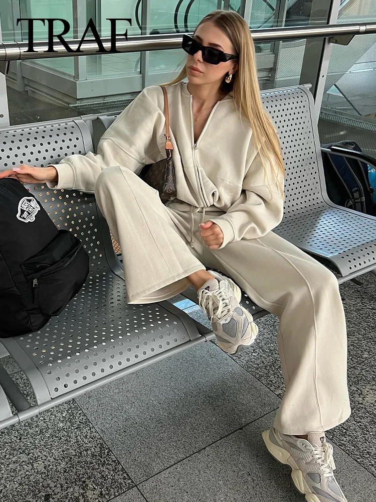 TRAFZA 2024 Autumn Women's Thick Hoodie Coat + Drawstring High Waist Loose Casual Pants Set Lined Fleece Woman's Clothing Street 3