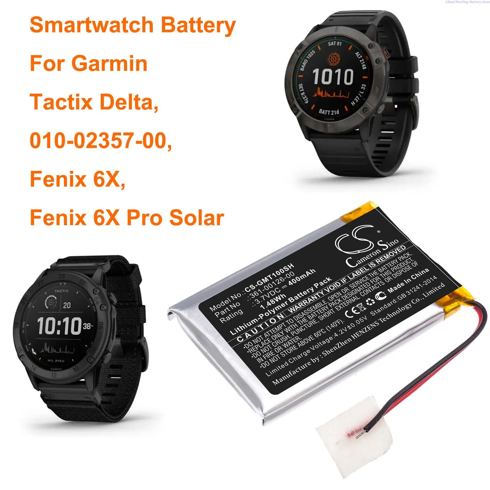 Batteria Smartwatch Greenbattery400Mah Per Garmin Tactix Delta, 010-02357-00, Fenix 6X, Fenix 6X Pro Solar